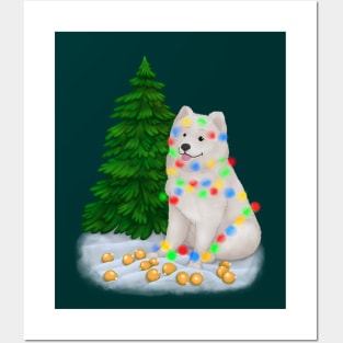 White fluffy Samoyed dog tangled in multicolored fairy lights Posters and Art